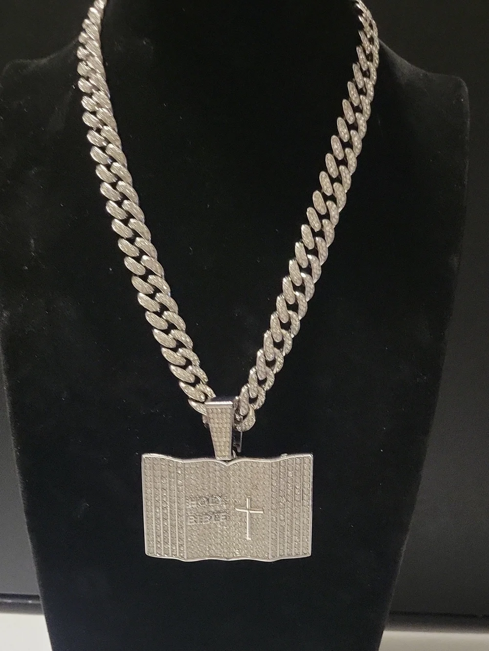 Silver Men's Cuban Chain Necklace with Bible Pendant. 20 in